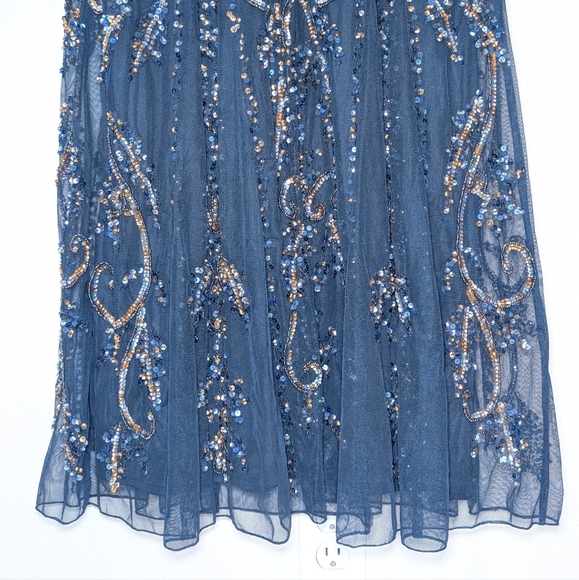NWT Pisarro Nights Beaded Mesh Midi Cocktail Dress in Navy - Picture 13 of 16